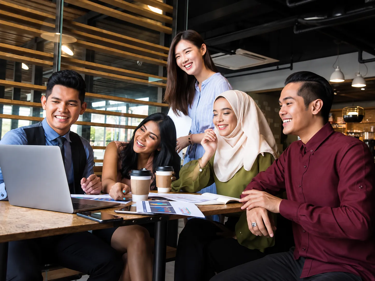 Colleagues talking and smiling around a table with laptops and coffee