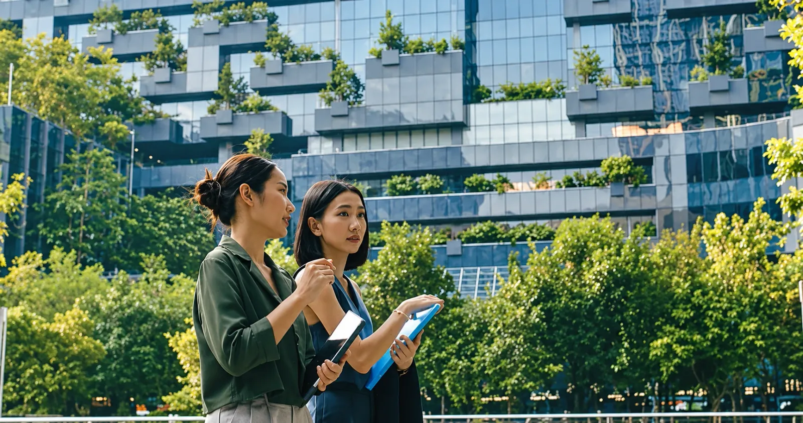 Two colleagues with a tablet and folders talking outside a modern office building with planted terraces