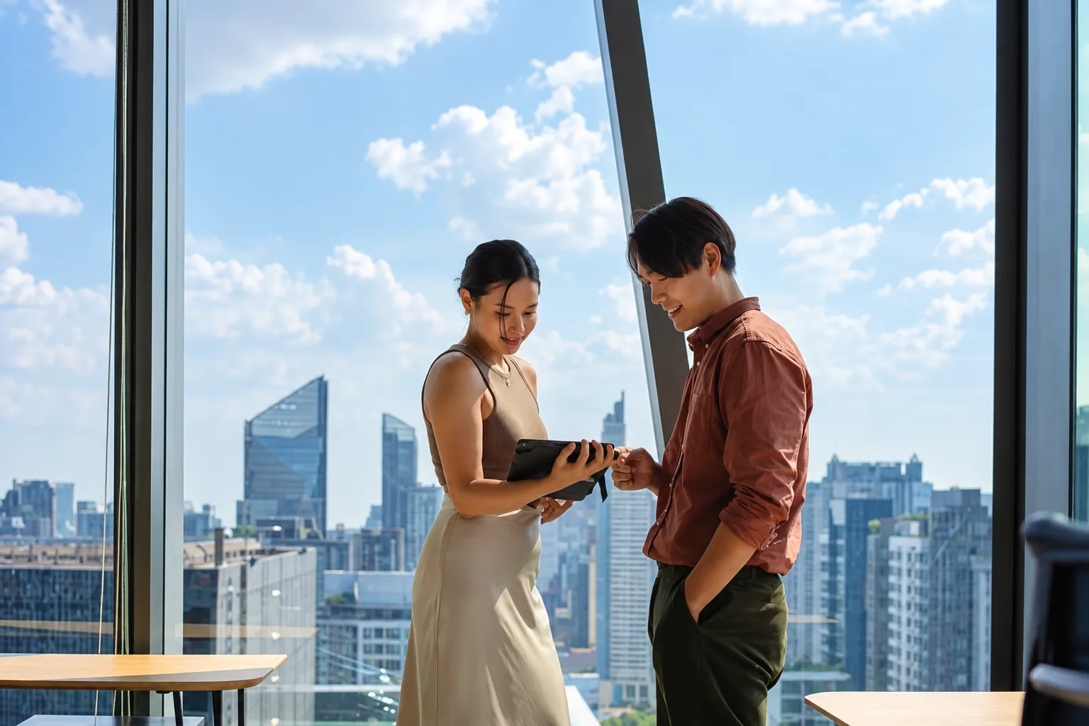 Two professionals reviewing a tablet beside city-facing office windows