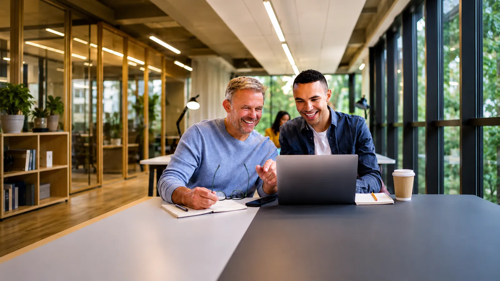 Two colleagues reviewing information together on a laptop in a bright office