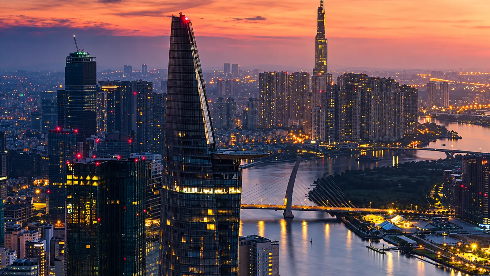 Ho Chi Minh City skyline and the Saigon River at sunset