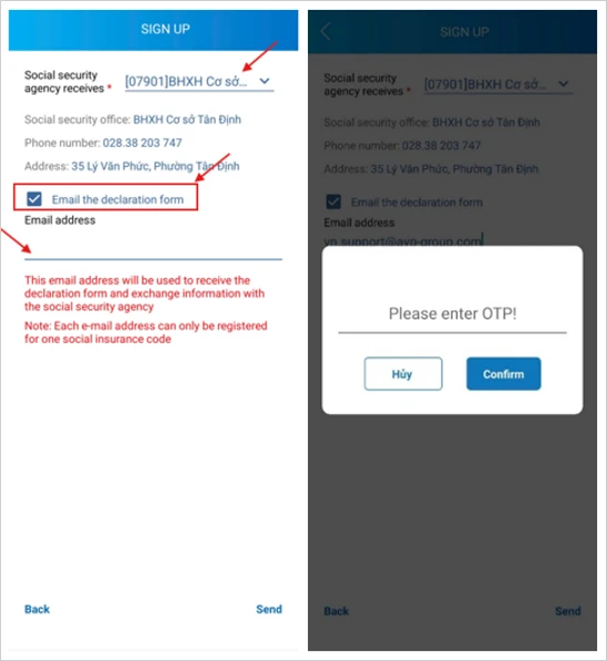 VssID social security agency selection and email verification screen