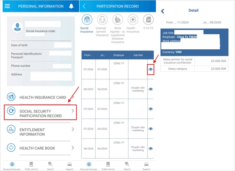 VssID social security participation record screen