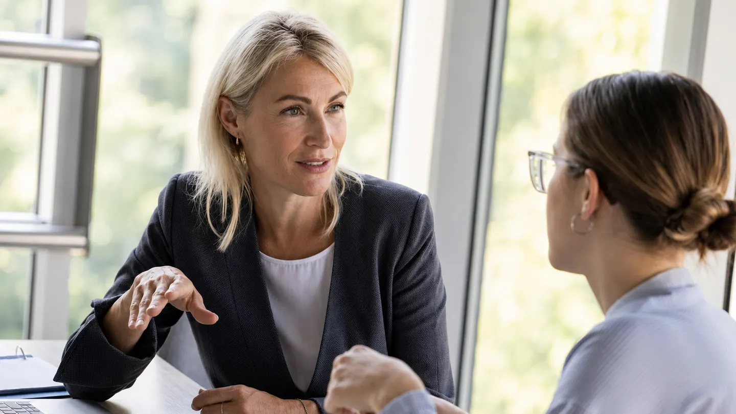 Two colleagues in a one-to-one conversation at a desk